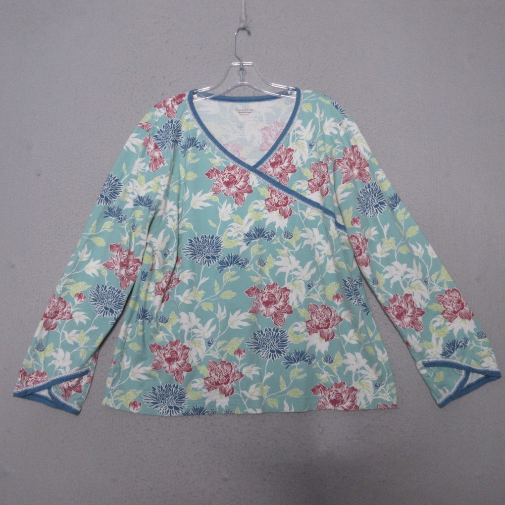 Garnet Hill Asian Wrap Top Large Floral Organic Cotton Lounge Pajama Top Soft‎